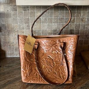Patricia Nash Embossed Floral Leather Adeline Tote in Cognac